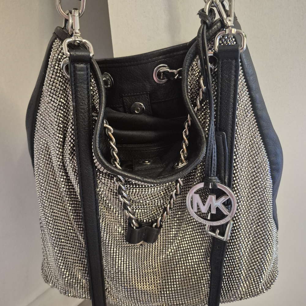 Michael Kors Black Leather and Silver Crystal Hobo Bag